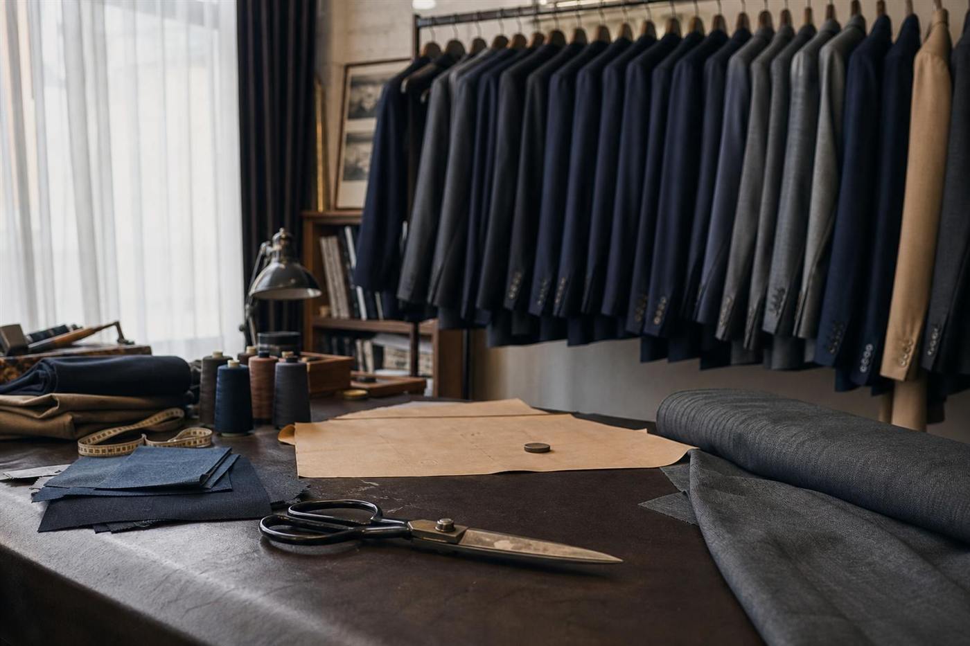 Sewing atelier workbench with garments in progress